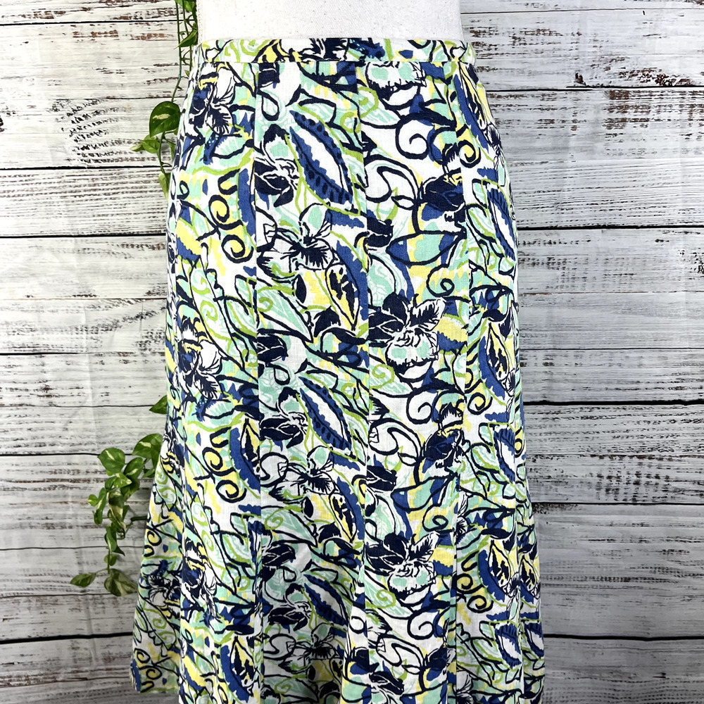 JM Collection Skirt 16 Petite Blue Green Yellow Floral Linen Calf Midi Hawaii - Picture 3 of 13